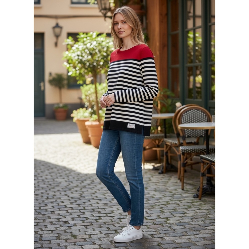 Talbots Womens Red Black White Striped Cotton Boat Neck Sweater Size M Nautical